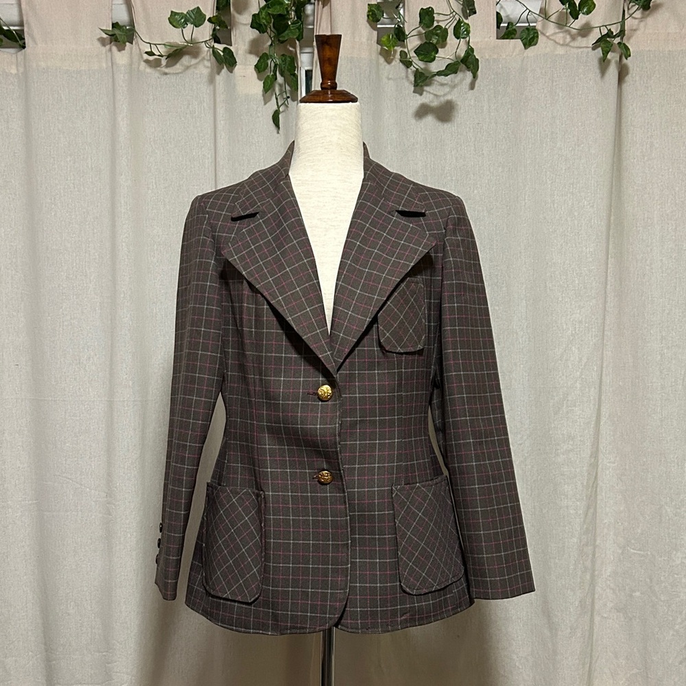 Vintage taupe grid print blazer